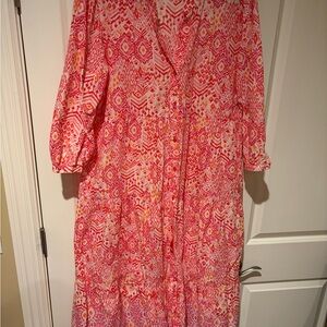 Zara Pink and Red Ikat Print Long Sleeve Dress